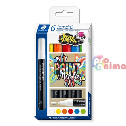 Акрилни маркери комплект 6 цвята, Staedtler Lumocolor Art, 2.4 mm