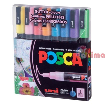 Комплект акрилни маркери POSCA PC-3M, 8 бр., блестящи цветове объл връх, 