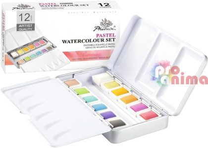 Комплект акварелни бои за рисуване Phoenix, 12 пастелни цвята