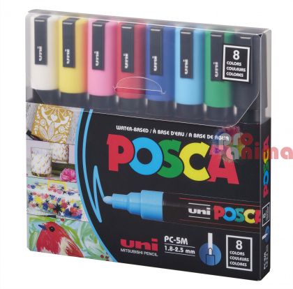 Комплeкт акрилни маркери POSCA PC-5M, объл връх, 8 бр. основни цветове