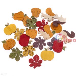 Дървени цветни фигурки в есенни мотиви- тикви, ябълки, катерички, листа. 20 бр.
