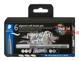 Комплект перманентни маркери Staedtler Pigment Arts Brush Pen- 6 цвята, сиви тонове