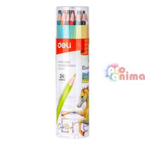 Цветни моливи Deli, 24 цвята, в пластмасов тубус