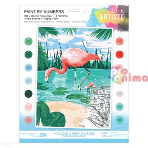 Комплект DP Craft рисуване по номера фламинго, 14 цвята, 3 бр. четки, платно 30 x 40 cm