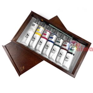 Комплект маслени бои Renesans, 7 x 60 ml + четка, в дървена кутия