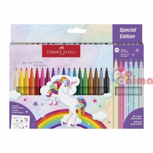 Флумастери Faber-Castell еднорог, 18+6 цвята и стикери