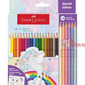 Цветни моливи Faber-Castell Еднорог, 18+6 цвята и стикери