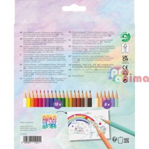 Цветни моливи Faber-Castell, еднорог, 18 + 6 цвята и стикери