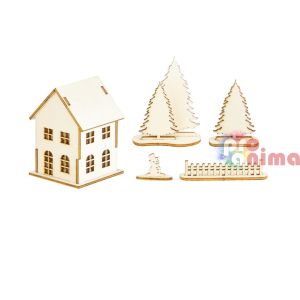 Креативен комплект за декорация Дървена къща, елхи и снежен човек, за сглобяване, 16 части