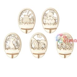 Комплект дървени фигурки за прозрачни яйца, Великден ф7.6 cm, 5 мотива