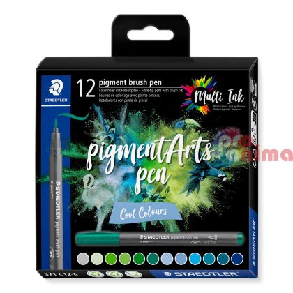 Комплект перманентнио маркери с връх четка, Staedtler Pigment Art Brush, 12 цвята, студени цветове