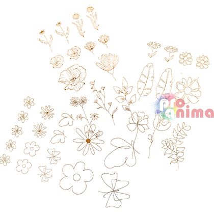 Прозрачни стикери от PVC, матирани, DP Craft, златисти цветя, 43 бр.