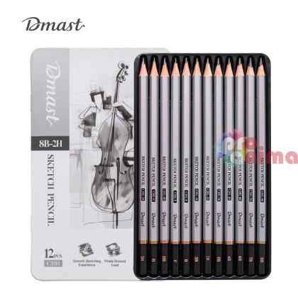 Комплект чернографитни моливи Deli Dmast, 12 бр., в метална кутия