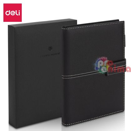Бележник от изкуствена кожа Deli, A5, 120 листа, черен+ метална химикалка, в кутия