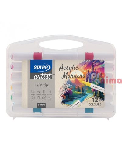 Комплект акрилни маркери Spree, 12 цвята, двувърхи