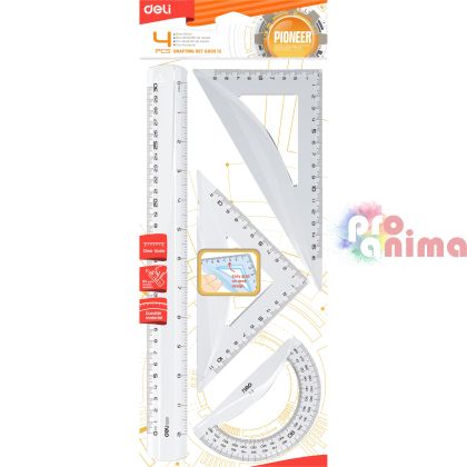 Чертожен комплект Deli Pioneer- линия 30 cm, 2 триъгълника и транспортир