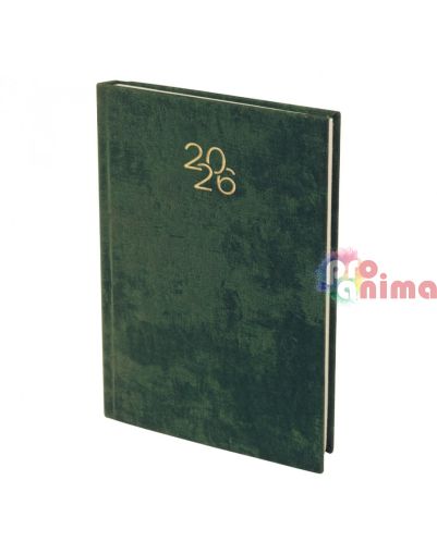 Бележник с дати, 14 x 20 cm, изкуствена кожа, зелен велур, 168 листа