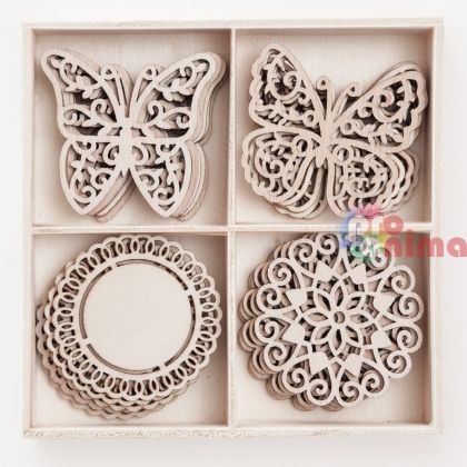 Дървени фигурки Пеперуди и кръгчета, 20 бр.