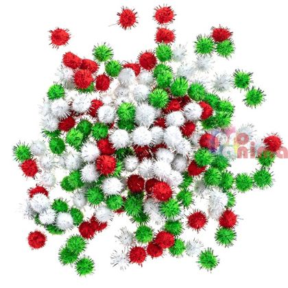 Помпони в металик цветове (бяло, зелено и червено), 15 mm, 200 бр.