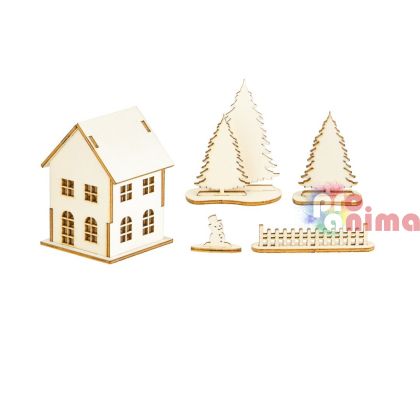 Креативен комплект за декорация Дървена къща, елхи и снежен човек, за сглобяване, 16 части