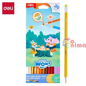 Изтриваеми цветни моливи с гумички Deli Color Wow 24 цвята