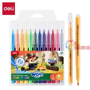 Флумастери с брокат Deli, 12 цвята
