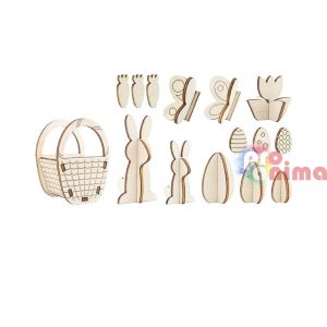 Комплект дървени фигурки за сглобяване и декорация Великден 15 бр