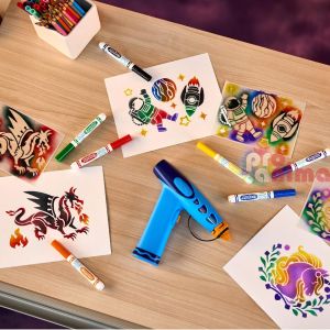 Комплект Crayola Airbrush - детски пистолет за рисуване | аерограф + 8 бр. измиващи се маркери и 5 бр. шаблони